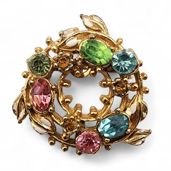 Vintage Wreath Scatter Pin White Enamel Leaves Pastel Rhinestones Mid-Century - Picture 1 of 5